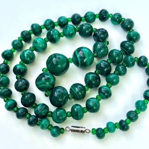 Natural Green Malachite Graduated Stone Bead Necklaces-Vintage